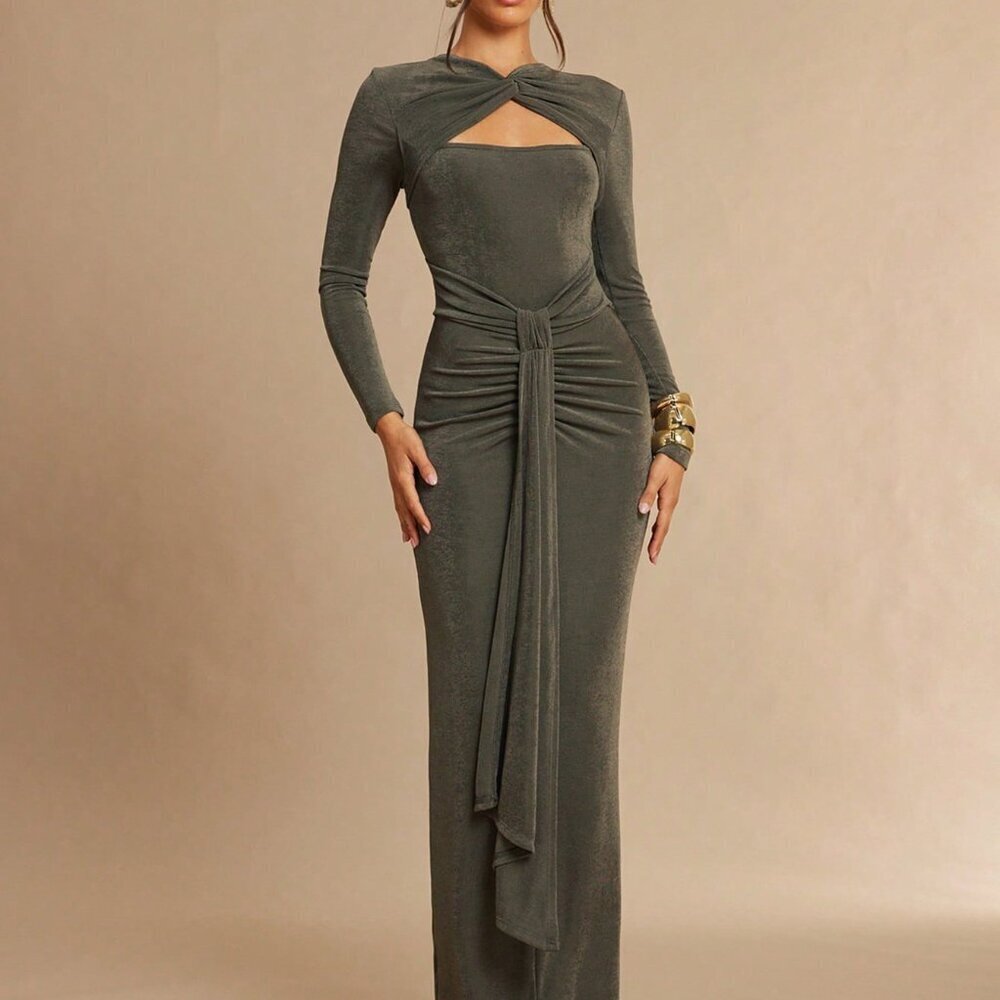 Gray Green Elegant Women's Twist Pleated Maxi Dress